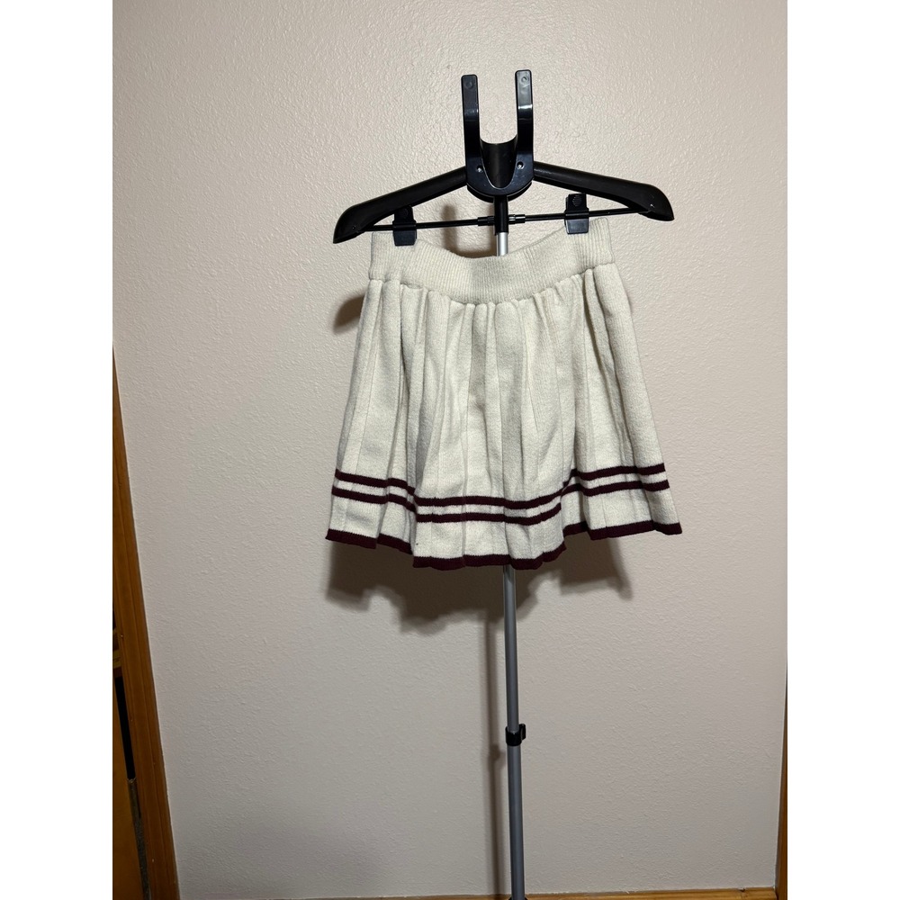 Be-Lux Sport Womens 2X Knit Pleated Mini Skirt Cream Burgundy Striped Preppy
